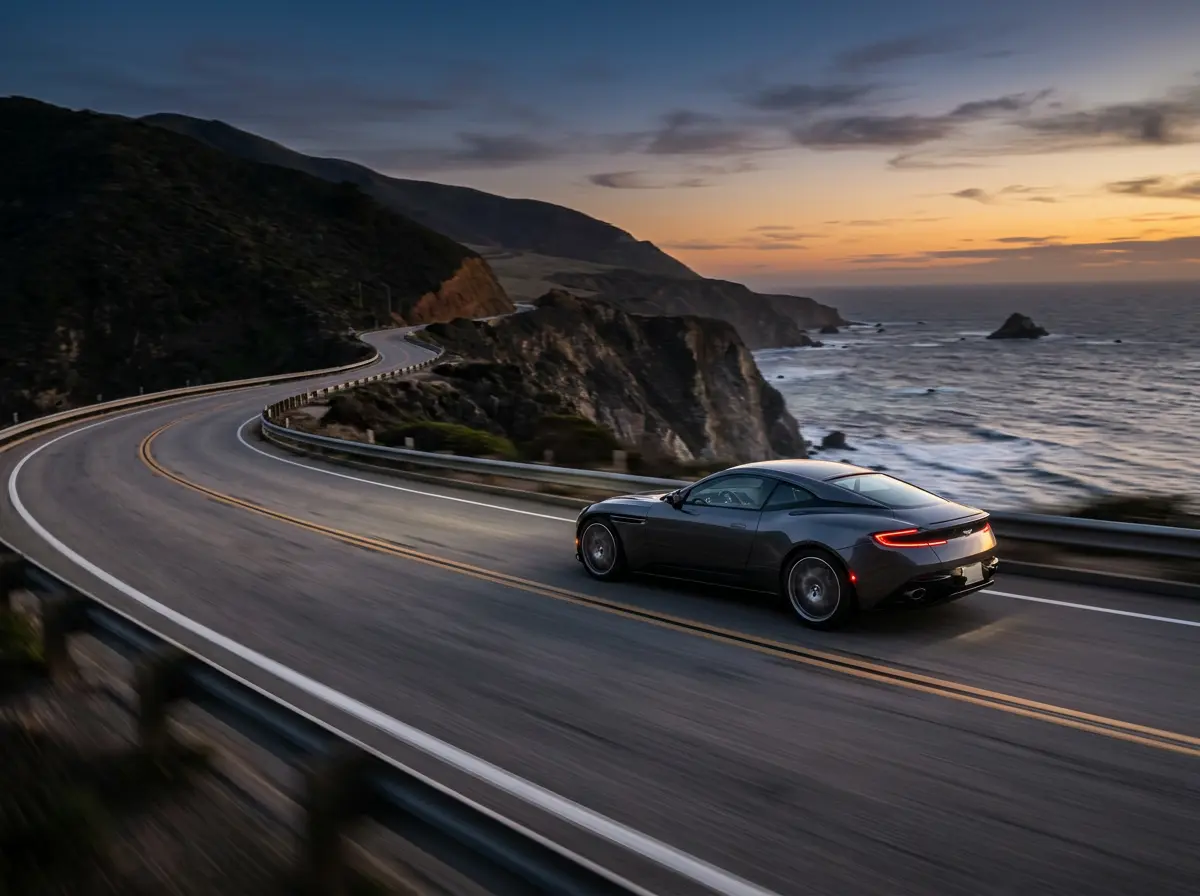 Dark grey sports coupe driving along a winding coastal highway at sunset